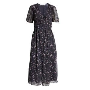 Floret Studios Floral Navy Blue MIDI Smocked Chiffon Maxi Dress Size Small